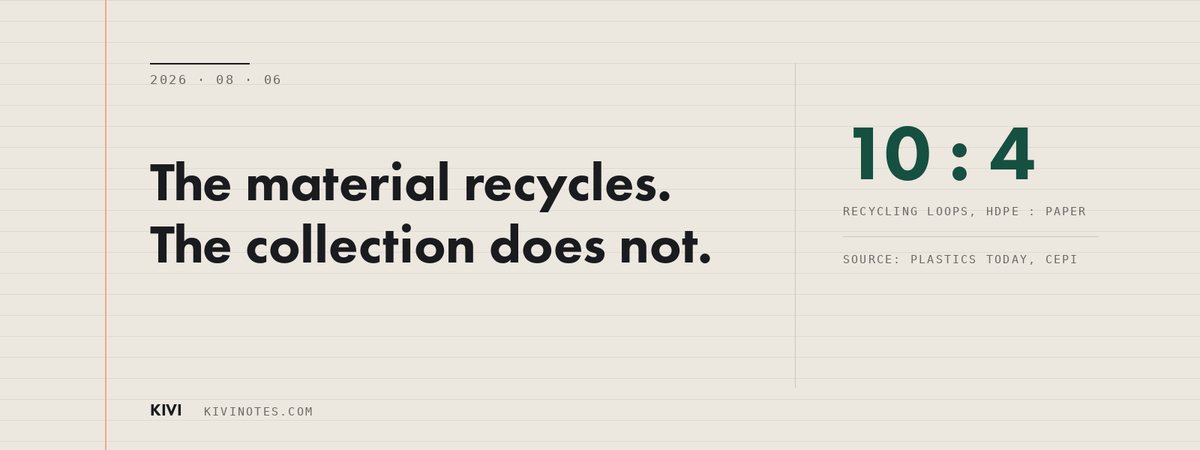 KIVI field note banner: 10 to 4 recycling loops, HDPE against paper fibre